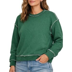 Green Sweatshirt Exposed Seam Crewneck Fleece Pullover (Size Medium)